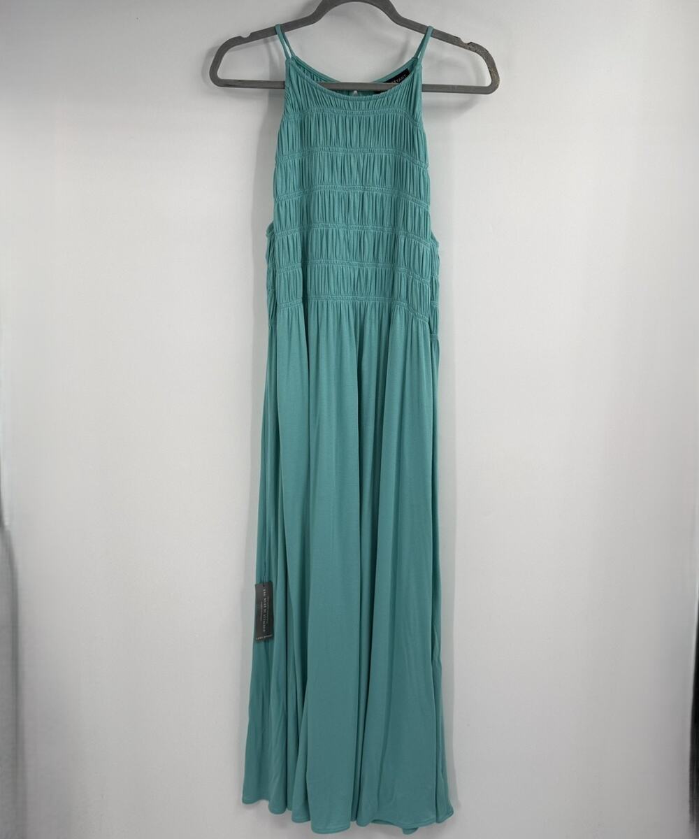 NWT Lane Bryant Smocked Maxi Dress Size 14/16 Teal Sleeveless High Neck Keyhole